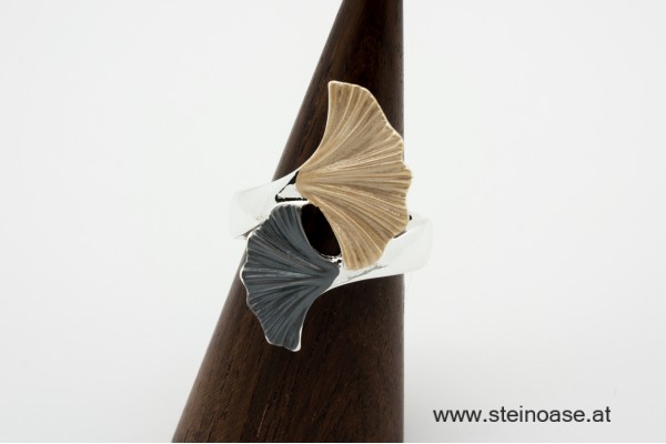 Ring Ginkgo-Blatt  Silber/Grau/Gold